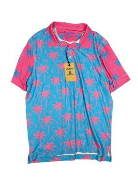 Chubbies Mens Tropical Palm Tree Polo Shirt Blue Pink M Lightweight Stretchy NEW